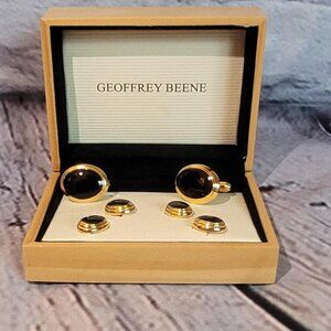 Geoffrey Beene Gold Tone Cuff Links with Black Onyx Stone for Men